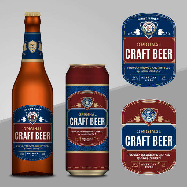 Vector beer labels. Aluminum can and glass bottle mockups Vector blue and brown beer labels. Realistic aluminum can and glass bottle mockups. Brewing company branding and identity design elements beer brands stock illustrations