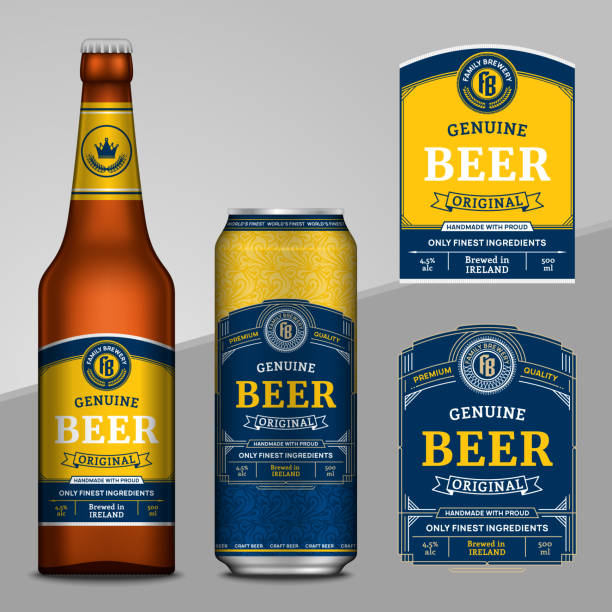 ilustraciones, imágenes clip art, dibujos animados e iconos de stock de etiquetas de cerveza vectorial. maquetas de lata de aluminio y maquetas de botellas de vidrio - bitter beer bottle alcohol beer