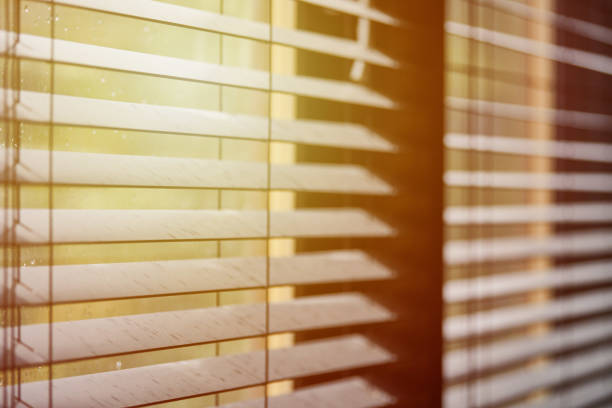 istock Office blinds. Modern wooden jalousie. Office meeting room lighting range control. 1179407165
