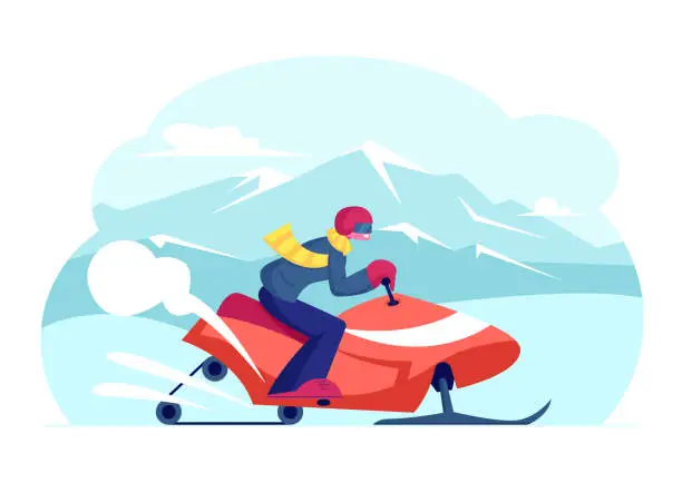 Vector illustration of Snowmobile Rider Wearing Helmet Riding Fast by Snowdrifts with Fun During Extreme Sport Adventure Tour. Outdoor Activity During Winter Holiday on Ski Mountain Resort. Cartoon Flat Vector Illustration