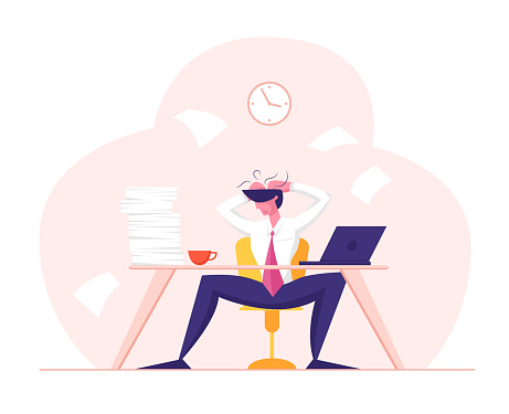 Business Failure Stress Tiredness and Frustration Concept. Tired Stressed Worker Sitting in Office Holding Head in Hands Tearing Hair Tired of Work and Exhausted. Cartoon Flat Vector Illustration