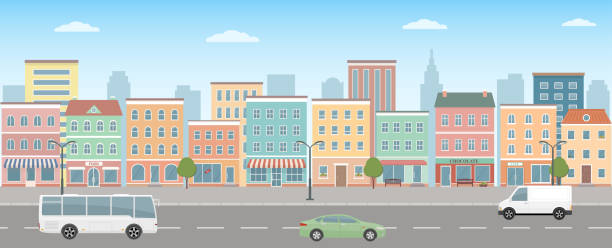 City life illustration with house facades, road and other urban details. City life illustration with house facades, road and other urban details.  Panoramic view. Flat style, vector illustration. high street shops stock illustrations