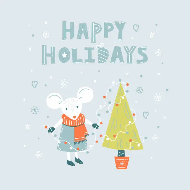 Vector illustration of Cute white mouse decorate Christmas tre