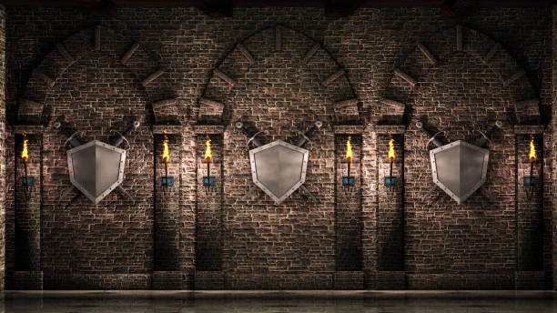 Arches with swords and shield Medieval arches with swords and shield background.3d illustration. medieval stock pictures, royalty-free photos & images