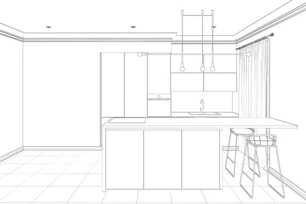 istock Sketch of the modern interior kitchen with breakfast bar and empty wall. 3d illustration 1179414323