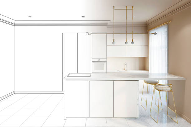 istock Sketch of a modern interior kitchen with breakfast bar and the empty wall became real interior 1179414329
