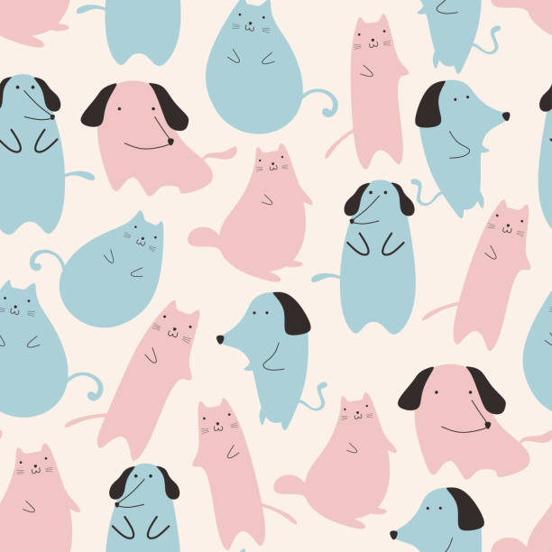 Seamless pattern with cute cat and dog animal pastel colors blue and pink on white background. Funny drawing for children, kids, baby fashion apparel textile print vector illustration. Seamless pattern with cute cat and dog animal pastel colors blue and pink on white background. Funny drawing for children, kids, baby fashion apparel textile print vector illustration. doodle stock illustrations