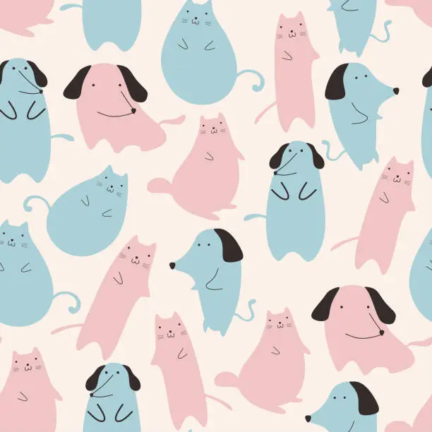 Vector illustration of Seamless pattern with cute cat and dog animal pastel colors blue and pink on white background. Funny drawing for children, kids, baby fashion apparel textile print vector illustration.