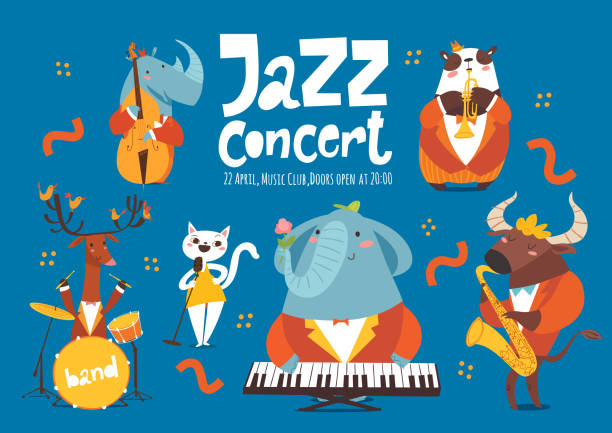 istock Jazz music advertisement or poster design with cartoon animals playing music instruments and singing 1179415346