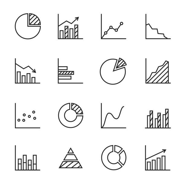 illustrazioni stock, clip art, cartoni animati e icone di tendenza di set di grafici e diagrammi. icone del grafico a linee. isolato su sfondo bianco. illustrazione vettoriale. - pie chart graph chart white background