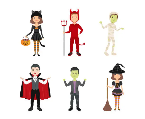 Vector illustration of Kids in halloween costumes isolated on white background. Girls in witch and cat costumes. Boys in halloween costume of Frankenstein, Dracula, mummy, devil. Vector illustration in cartoon flat style.