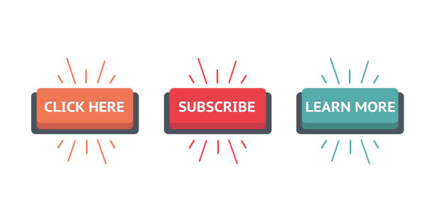 Set of vector modern trendy flat buttons. Different colors of main shapes and icons with different text in it. Click, Subscribe, Learn Set of vector modern trendy flat buttons. Different colors of main shapes and icons with different text in it. Click, Subscribe, Learn. reading menu stock illustrations