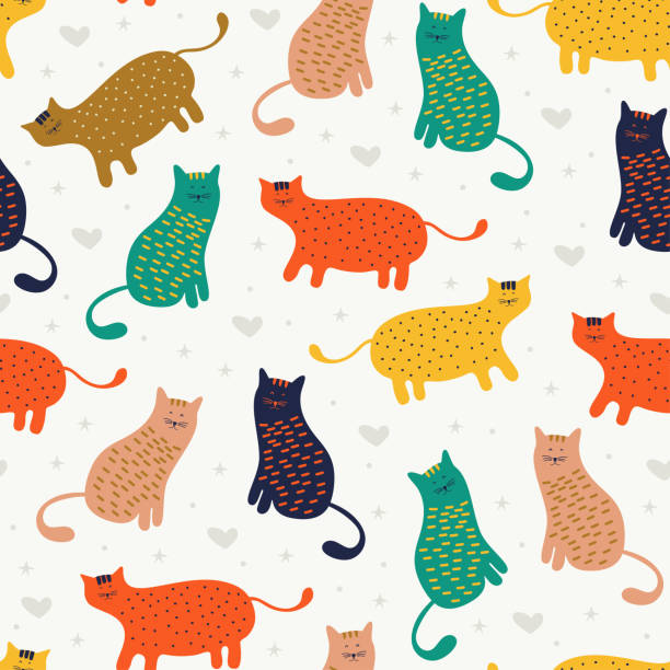 아기와 아이 패션 섬유 인쇄 및 포장에 대 한 좋은 재미 고양이 원활한 패턴. 벡터 그림 애완 동물의 다채로운 장식입니다. - blue cat stock illustrations
