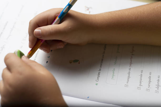 istock Hands of a child doing homework with a pencil and an eraser. 1179417006