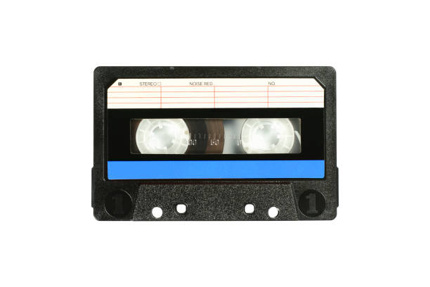 istock Audio compact cassette. Analog tape format for audio playing and recording. Audio cassette with blue line isolated on white background. 1179417145