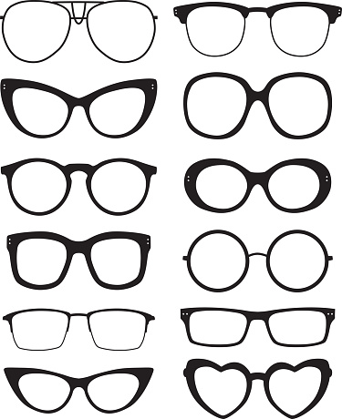 Vector illustration of twelve eyeglasses silhouettes.