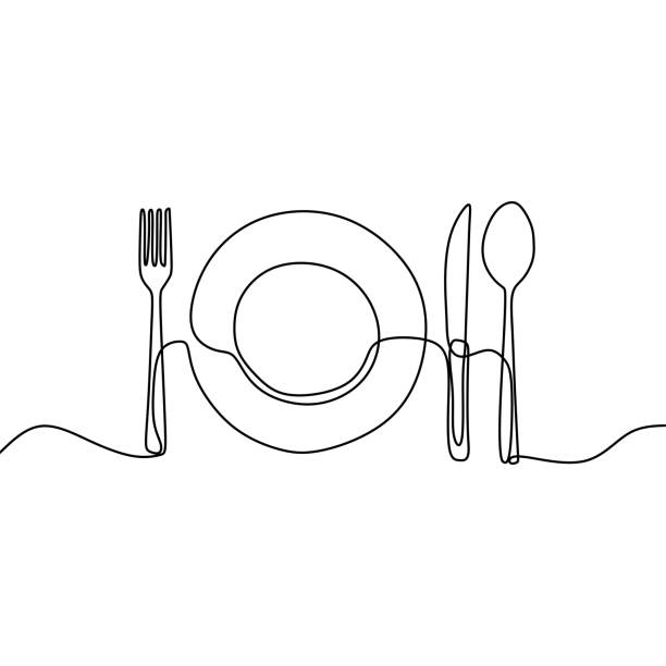 ilustraciones, imágenes clip art, dibujos animados e iconos de stock de dibujo de línea continuo de placa, cuchillo y tenedor. ilustración vectorial minimalista de moda. - comida gourmet
