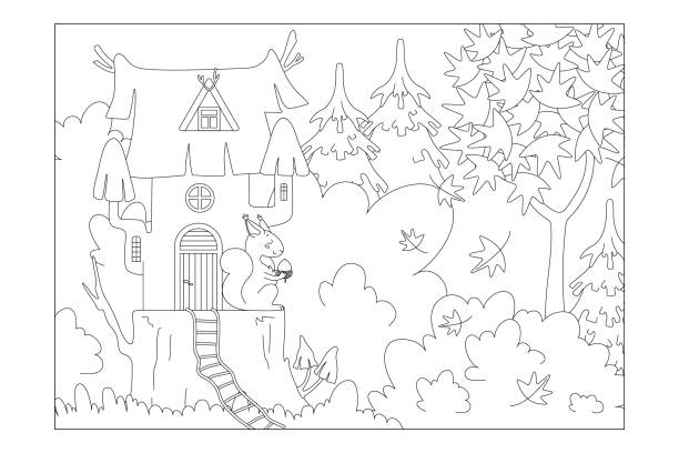 eichhörnchenhaus auf einem baumstumpf im wald. blatt für kinder malbücher. vektor - malvorlagen herbst stock-grafiken, -clipart, -cartoons und -symbole
