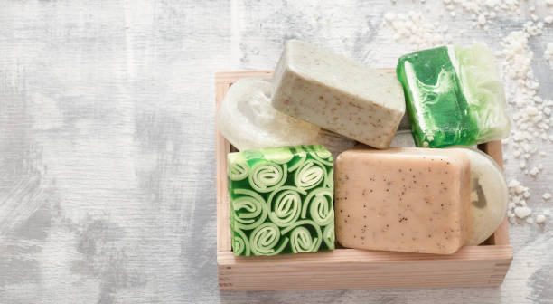 istock Flat-lay natural bright beautiful cosmetics handmade soap. 1179420383