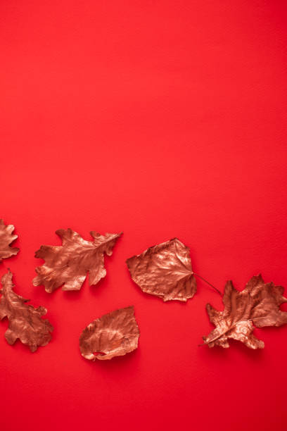 istock Rose gold fall leaves on red background 1179421424