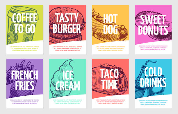 ilustraciones, imágenes clip art, dibujos animados e iconos de stock de folletos de comida rápida. café, hamburguesa y perrito caliente, pasteles y patatas fritas, helado y cola, sándwich. conjunto vectorial de carteles de restaurantes - tarjeta de felicitación ilustraciones
