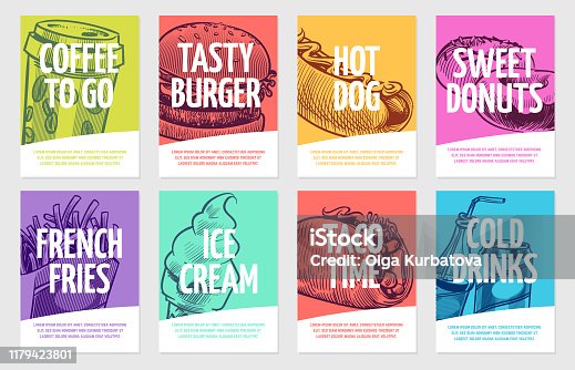 istock Fast food flyers. Coffee, burger and hotdog, pies and fries, ice cream and cola, sandwich. Restaurant posters vector set 1179423801