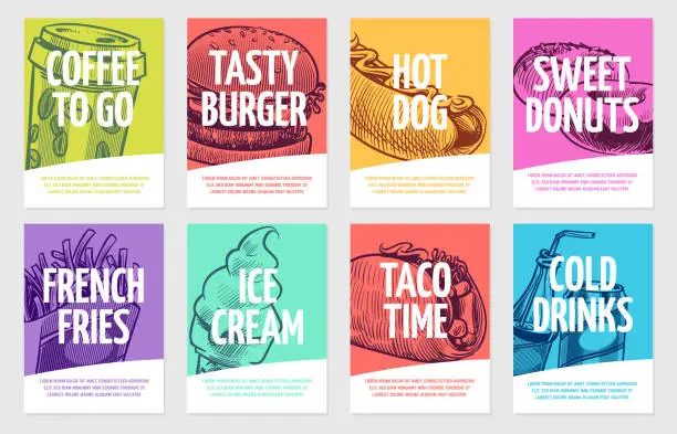 Vector illustration of Fast food flyers. Coffee, burger and hotdog, pies and fries, ice cream and cola, sandwich. Restaurant posters vector set