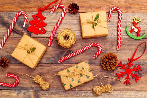 istock Christmas composition on brown wooden background. Christmas background 1179426916