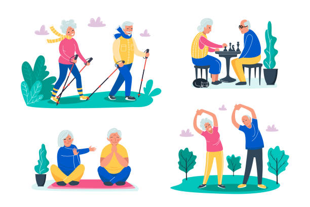 시니어 활동 개념. 노인은 걷고, 체스를 하고, 숲의 신선한 공기에서 운동을하고 행복한 얼굴로 요가를합니다. 연금 수령자를 위한 은퇴의 스포티한 라이프스타일. 벡터 일러스트레이션, 플랫 � - nordic walking walking relaxation exercise women stock illustrations