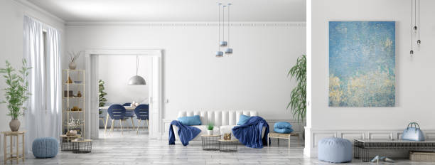 interior design di moderno appartamento scandinavo, soggiorno e sala da pranzo, rendering panorama 3d - chair coffee table curtain floor foto e immagini stock