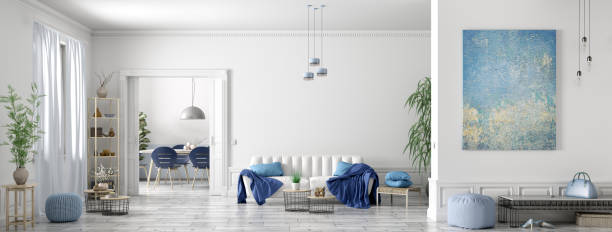 Interior design of modern scandinavian apartment, living room and dining room, panorama 3d rendering Modern interior design of scandinavian apartment, living room with white sofa, dining room and hall, panorama 3d rendering blue interiors stock pictures, royalty-free photos & images