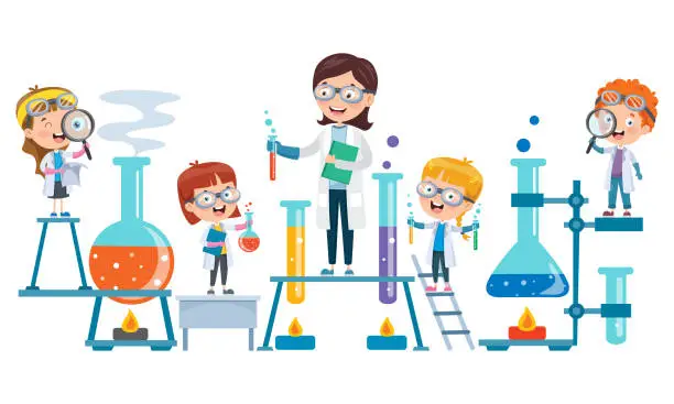 Vector illustration of Little Students Doing Chemical Experiment