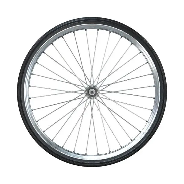 Bicycle wheel isolated on white background. Side view. 3d rendering