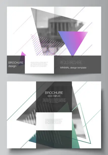 Vector illustration of The vector layout of two A4 format modern cover mockups design templates for bifold brochure, magazine, flyer, booklet, report. Colorful polygonal background with triangles with modern memphis pattern