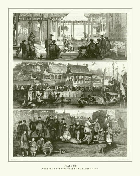 istock Engraved Antique, Chinese Entertainment and Punishment Engraving Antique Illustration, Published 1851 1179437388