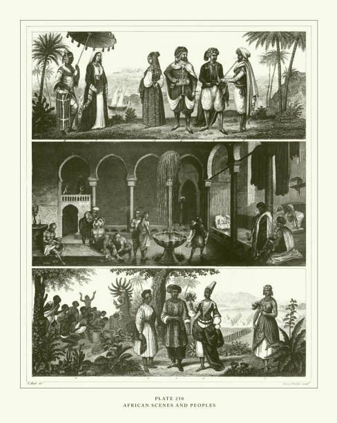雕刻古董，非洲場景和人民雕刻古董插圖，出版1851年 - 阿爾基爾 幅插畫檔、美工圖案、卡通及圖標