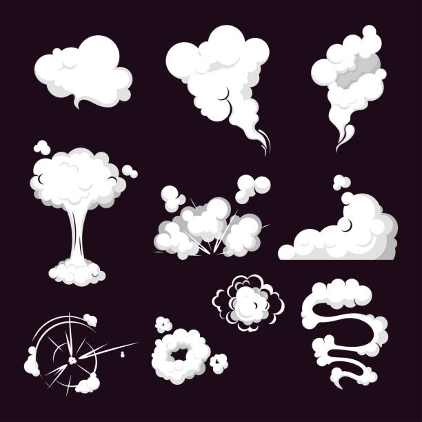 steam Cartoon set of smoke, steam, clouds. Smoke cloud, steam explosion, speed in motion. Collection steam cloud patterns for special effects in motion. Vector steam clouds, gas blast. dust illustrations stock illustrations
