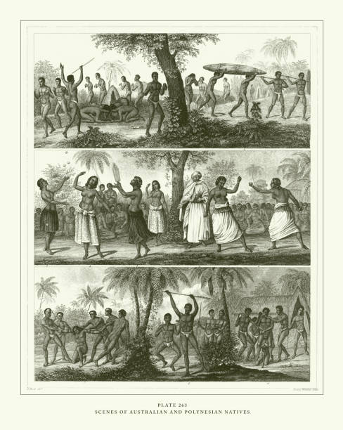 гравировка антиквариат, сцены австралийских и полинезийских коренных жителей гравировка античная иллюстрация, опубликовано 1851 - tongan dance stock illustrations