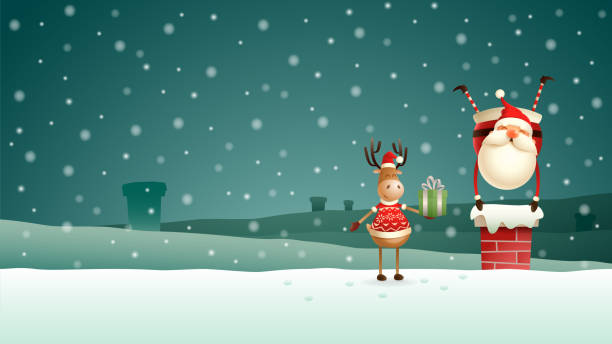 Reindeer helps Santa Claus put down all the gifts down the chimney on the roof - winter night scenery Reindeer helps Santa Claus put down all the gifts down the chimney on the roof - winter night scenery put down stock illustrations