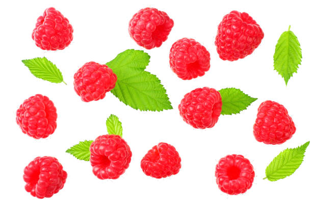 istock ripe raspberries with green leaves isolated on white background. top view 1179442034