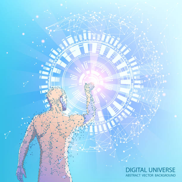 istock Blue futuristic background. Vector. Human contour. The touch of a human hand on the electronic display of the interface. Virtual HUD. Low poly frame of dots and lines. Artificial intelligence. 1179444359