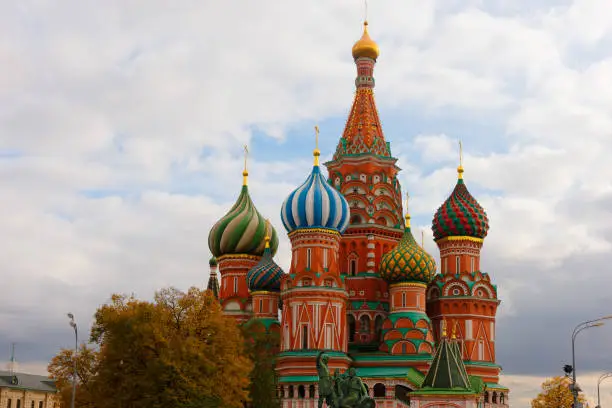 Saint Basilâs Cathedral on Red Square of Moscow, Russia, in autumn. Travel or tourism theme or decoration