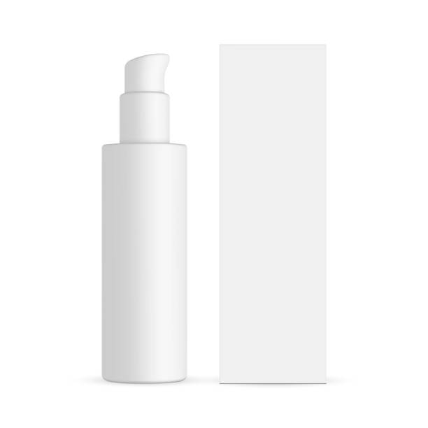 ilustrações de stock, clip art, desenhos animados e ícones de plastic cosmetic bottle with dispenser pump and packaging box isolated on white background - liquid soap moisturizer bottle hygiene