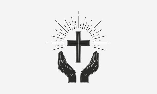 ilustrações, clipart, desenhos animados e ícones de logotipo do cristão do vintage. mãos com cruz católica e sunburst. ilustração do vetor - praying