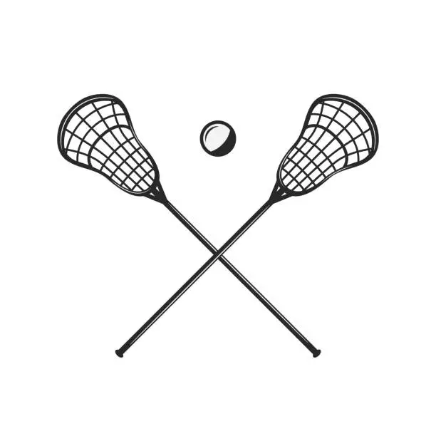 Vector illustration of Lacrosse sticks and ball silhouettes isolated on white background. Crossed lacrosse sticks. Vintage design elements for symbol, badges, banners, labels. Vector illustration