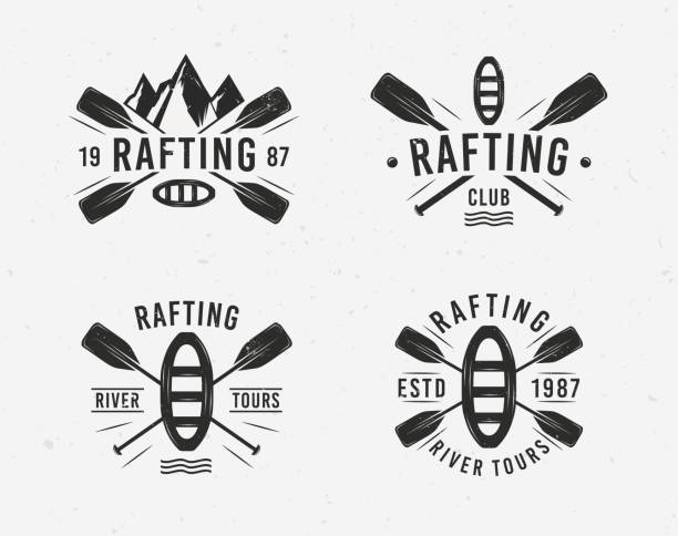 ilustrações de stock, clip art, desenhos animados e ícones de rafting logo set with raft, crossed paddles and mountains silhouettes. vintage typography. vector illustration - rafting nautical vessel river canoe
