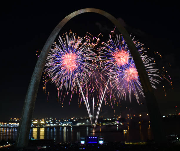The St. Louis Gateway Arch at night with fireworks.