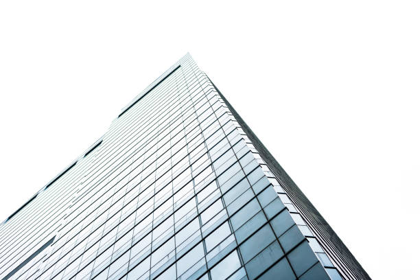 Low angle view of modern office building, skyscrapers, white background with copy space, full frame horizontal composition