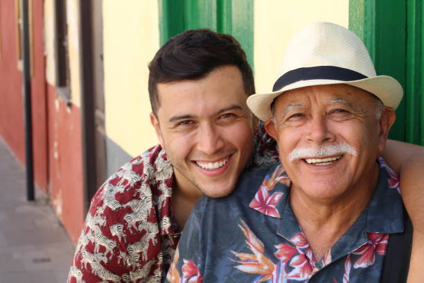 father and son with lots of resemblance - latin american and hispanic ethnicity senior adult mature adult couple imagens e fotografias de stock