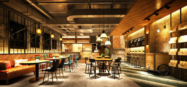 3d render holzstil restaurant café - café kultur stock-fotos und bilder